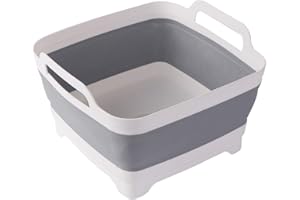 Yunteng Collapsible Dish Basin with Drain Plug Carry Handles, 9L Capacity, Grey, Portable Dish Tub, Foldable Dishpan for Camp
