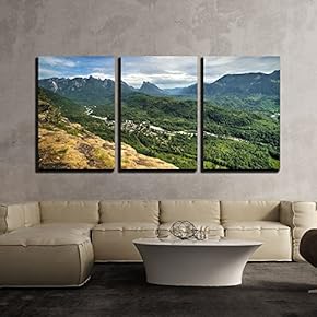 3 Piece Canvas Wall Art - Landscape with Forest and Mountains - Modern Home Art Stretched and Framed Ready to Hang - 16"x24"x3 Panels