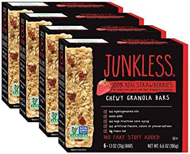 JunklessStrawberry Chewy Granola Bars - 100% Real Strawberries - Less Sugar, Great Tasting, Wholesome Snacks - Bulk Granola Bars - 1.1 oz. Bars, 4 Boxes