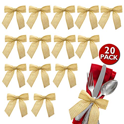 VANILILA Ribbon Bow Decoration Twist On Gift Tag Embellishments, Bulk Set of 20 - Handmade White & Gold Bows for DIY Wedding Display Card, Hair Clips, Headband, Decor, Arts & Crafts