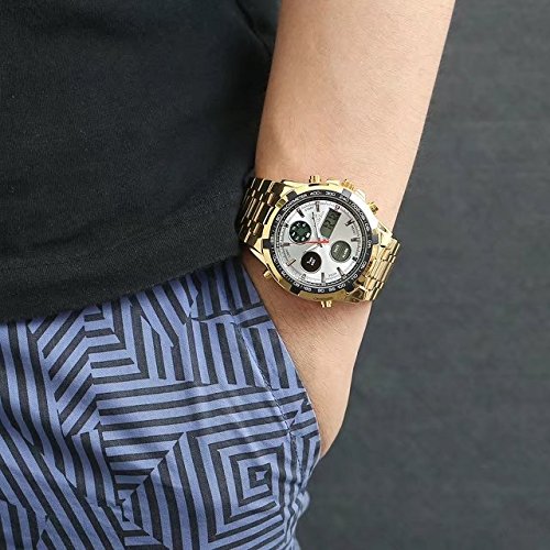 JSDDE Montre Doré Montre Homme Etanche Bracelet en Acier Calendrier Chronomètre 3ATM Montre Multifonction Sport Grand Cardan