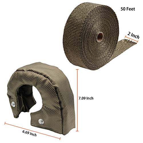 LEDAUT Turbo Blanket T3 Lava cover for Turbocharger and 2" x 50' Titanium Exhaust Heat Wrap Roll for Motorcycle Fiberglass Tape with Stainless Ties and Thermal Heat Shield Cover with Fastener Springs