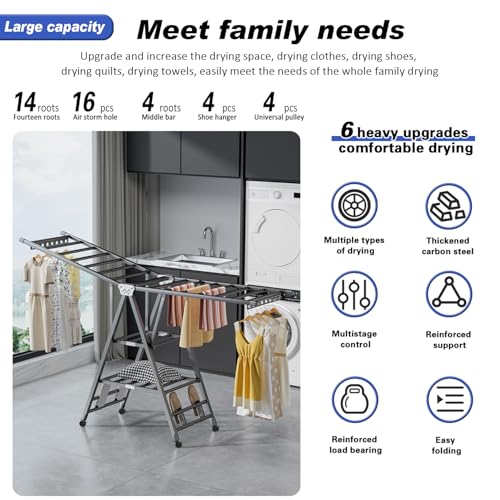 Movable Drying Rack, 3 Tier Large Laundry Clothes Drying, منشر غسيل قابل للطي,Clothes Drying Rack Foldable with 4 Castors & Shoe Holder, Height-Adjustable Wings, for Indoor Outdoor - 170cm