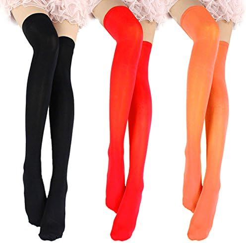 3 Pairs Women's Long Top Thigh High Stockings Over knee Socks,One Size,Black+red+orange