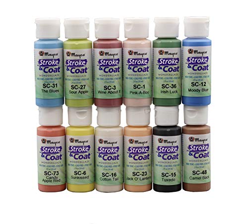 Creative Hobbies Mayco Stroke and Coat Glaze for Ceramics Kit 3 | 12 Assorted 2 oz Jars with How to Paint Pottery Book