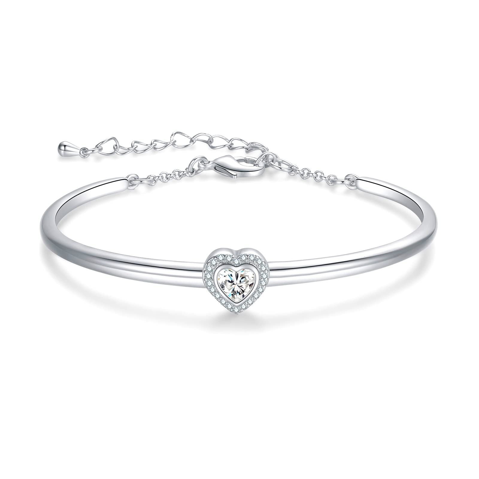 Praelinos Heart Bracelet White Gold Plated Bracelets for Women Silver Tone Bracelet 5A Cubic Zirconia Mother's Day Birthday Christmas Jewellery Gift for Women Mum Girls Girlfriend Her