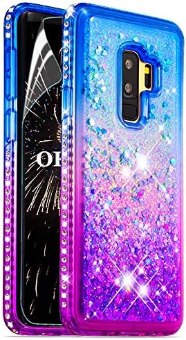 OKZone Case for Galaxy S9 Plus Case[with HD Screen Protector]，[Crystal Diamond Gradient Series] Colorful Liquid Sparkly Quicksand Diamond TPU Gel Cases for Samsung Galaxy S9 Plus (Blue Purple)