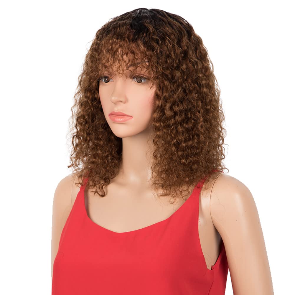 Photo 1 of Spotlight Short Kinky Curly Wigs 12 inch Bob Loose Wave Human Hair Wigs for Women Brazilian Virgin Human Hair Wigs with Bangs 180% Density Natural Looking (Ombre Brown, TT1B/30)