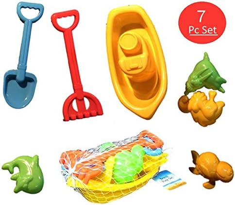 UrbHome 7 PC Beach Toy Play Set, Includes Shovel, Fork, Boat &amp; 4 Animal Molds, Ultra-Fun Sand Toys for Toddlers, Best Outdoor Summer Beach Toys for Girls and Boys (Assorted Colors)
