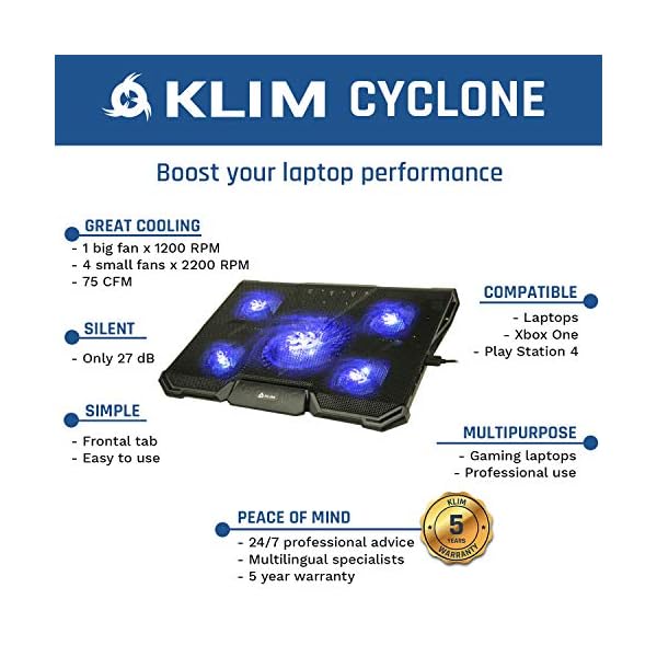 KLIM-Cyclone-Laptop-Cooling-Stand-Maximal-Cooling-XL-Laptop-Stand-With-5-Cooling-Fans-Compatible-Gaming-Laptop-Cooling-Pad-Blue-New-2021-Version KLIM Cyclone Laptop Cooling Pad - NEW 2023-5 Fans Cooler - No More Overheating - Increases PC Performance and Life…