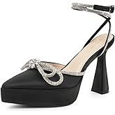 JENN ARDOR Women's Platform Heels Ankle Strap Pumps High Heeled Pointed Toe Stiletto High Heel Sandals Rhinestones Bow Knot Party Prom Dress Pumps Shoes for Women