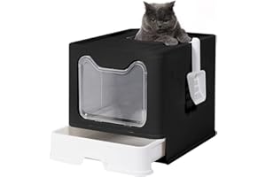 GENENIC Foldable Large Cat Litter Box with Lid, Top Entry , Anti-Splashing Kitty Litter Box with Litter Scoop(Black)