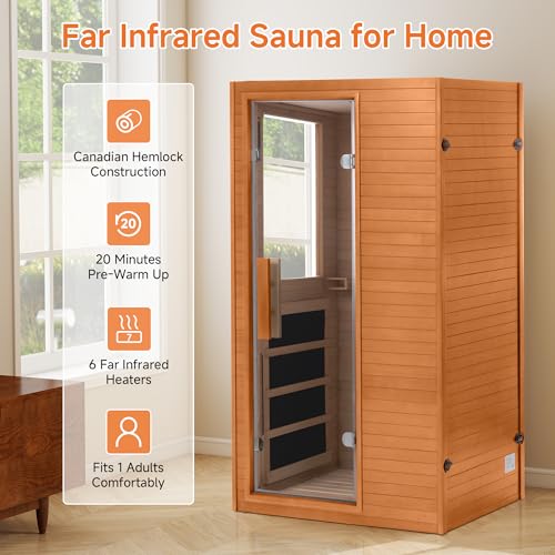 Real Relax 1 Person Infrared Sauna, Indoor Far Infrared Saunas for Home, Canadian Hemlock Wood Sauna with 950W/120v, 6 pcs Mica Heating Plates, Spa Room 33 * 27.3 * 59 Inch