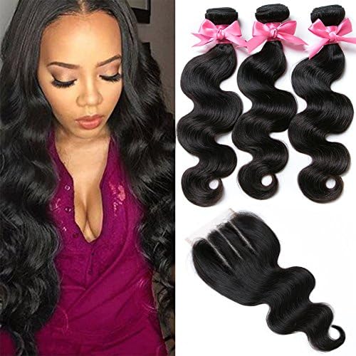 Brazilian Virgin Hair 3 Bundles with Closure Brazilian Body Wave 8A 100% Unprocessed Human Hair bundles With Lace Closure Natural Black Color by YAVVE (18" 20" 22"+16"closure, Three Part)