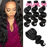 Brazilian Virgin Hair 3 Bundles with Closure Brazilian Body Wave 8A 100% Unprocessed Human Hair bundles With Lace Closure Natural Black Color by YAVVE (18