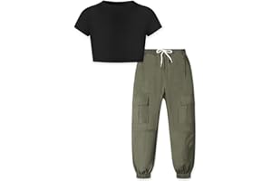 Betusline Girls & Women 2 Piece Outfits, Short Sleeve Crop Top Cargo Pants Trendy Clothing Sets, 4T- Women XL