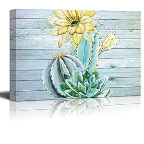 Watercolor Illustrations of Cactus and Yellow Flowers Over Wooden Panels