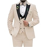 HANBANGWEI Mens Tuxedo Suits Slim Fit 3 Piece Wedding Prom Party Business Blazer Double Breasted Vest and Pants with Bow Tie