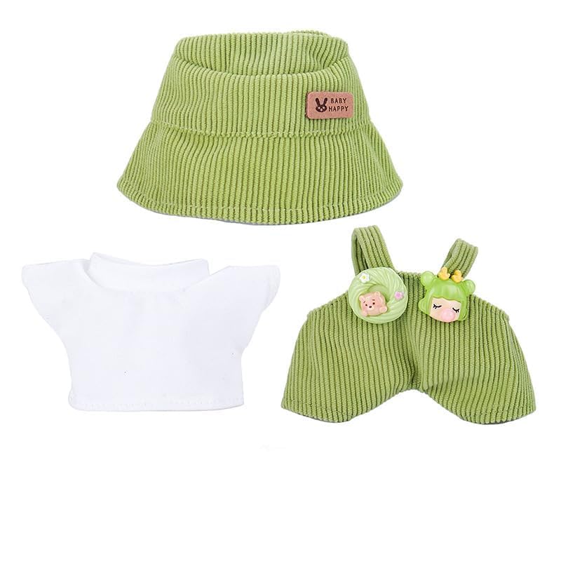17cm Doll Clothes, Clothing for 17 cm Doll Plush, Chic Style Set for 17cm Dolls, Hat & Overalls Set for 17cm Doll Accessories Suit (Green)