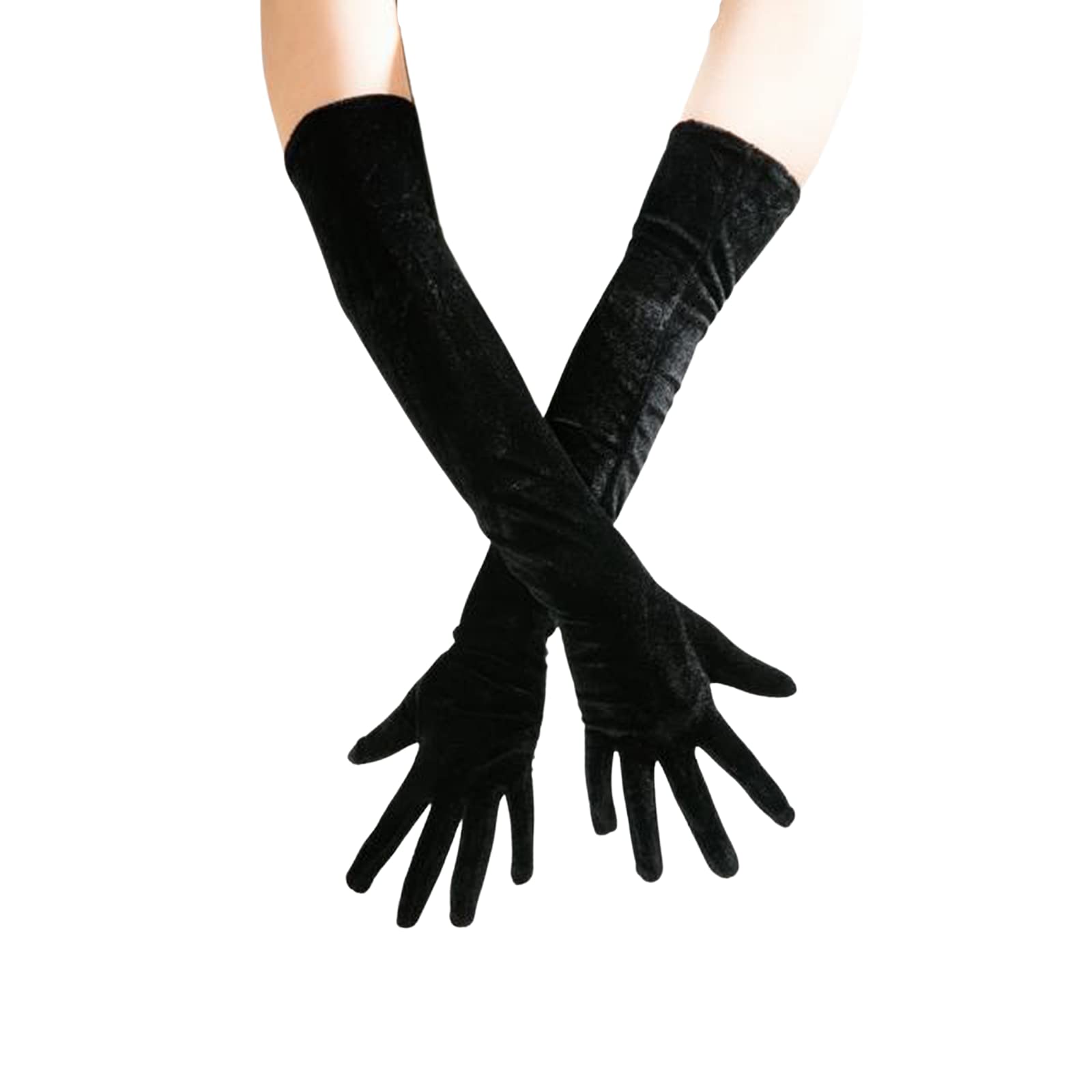 CHENGZI 53cm Golden Velvet Gloves Long Finger Cover Clothing Wedding Dress Gloves Mittens for Women (A-Black)