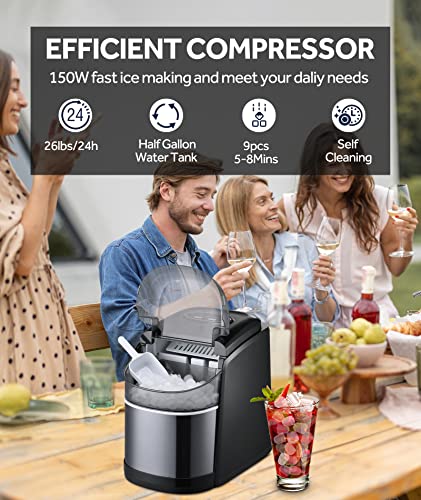 Countertop Ice Maker, FREE VILLAGE Ice Maker Machine for Countertop 9 Ice Ready in 6 Mins, 26Lbs/24H, Self-Cleaning Function, Portable Ice Maker with Ice Scoop & Basket for Home/Party/Camping (Black)