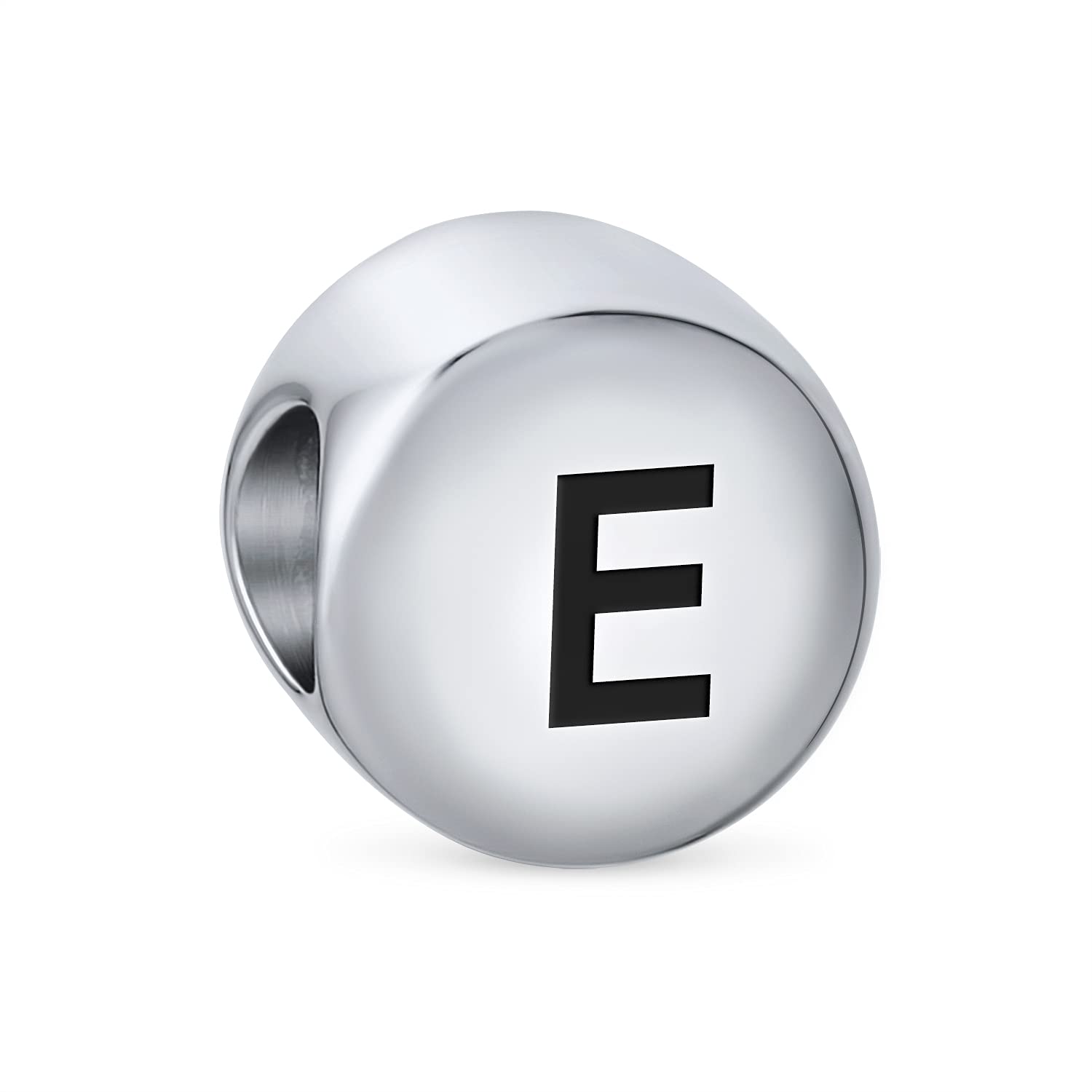 Bling Jewelry Block Round Circle Letter E Alphabet Initial Charm Bead For Women For Teen .925 Sterling Silver For European Bracelet