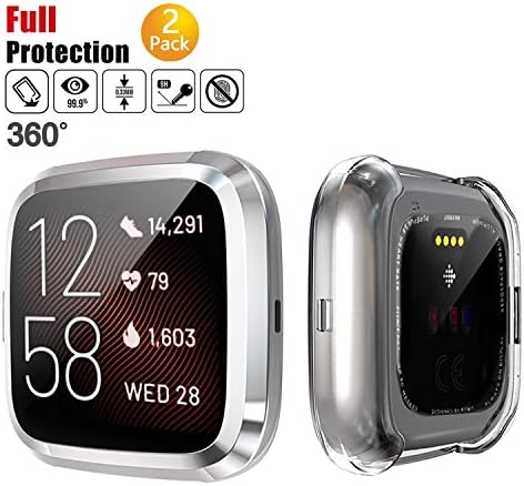 Chok Idea Full Coverage Case Protection Compatible With Fitbit Versa 2 Screen Protector,360° Anti-fall All Around Cover Screen and Sides,2 Pack,Sliver & Transparent