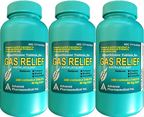 Simethicone 80 mg Anti-Gas Mint Flavor Chewable Tablets Generic for Mylanta Gas, Gas-X Regular For Fast Relief of Acid Indigestion Heartburn Sour Stomach Gas and Bloating 100 Chewable Tablets per Bottle Pack of 3 Bottles Total 300 Tablets