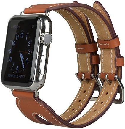 Vaste 42 Mm Genuine Leather Stainless Steel Watch Band Belt Replacement with Round Buckle and Metal Connector for Apple Iphone Watch Sport Version (double buckle brown 42mm)
