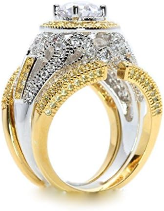 5 CTW Round Brilliant Halo Platinum &amp; Gold Overlay Two Tone Three Piece Cubic Zirconia Wedding Ring Set Size 6