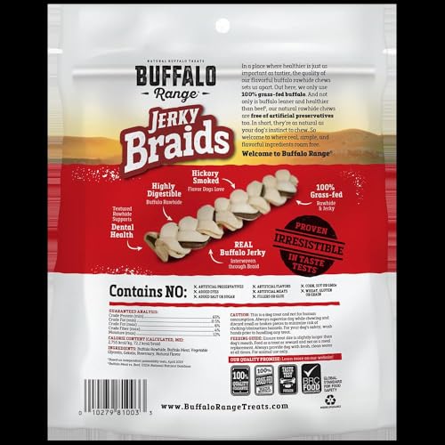 BUFFALO RANGE RAWHIDE DOG TREATS | HEALTHY, GRASS-FED BUFFALO JERKY RAW HIDE CHEWS | HICKORY SMOKED FLAVOR | JERKY BRAIDS, 10 COUNT