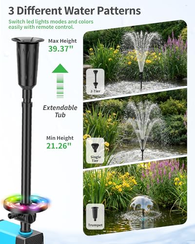 POPOSOAP Solar Pond Fountain with RGB Lights - Submersible Pump 40W, Flow 2100L/h, Adjustable Height and Flow Rate for Day & Night Decoration and Improving Water Quality