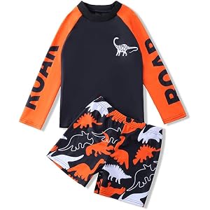Boys Long Sleeve Dinosaur Print Rash Guard Swim Set Quick Dry Sun Protection Kids Two Piece Swimsuit Beach Swimwear (Orange,X