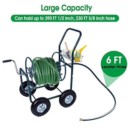 Dporticus Garden Hose Reel Cart 4 Wheels with Storage Basket Water Hose