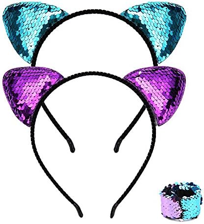 Mermaid Flip Sequins Party Supplies - 2 Cat Ear Headbands and 1 Slap Bracelet for Girls Women Kids - Birthday and Party Gifts, Blue & Violet, Imose