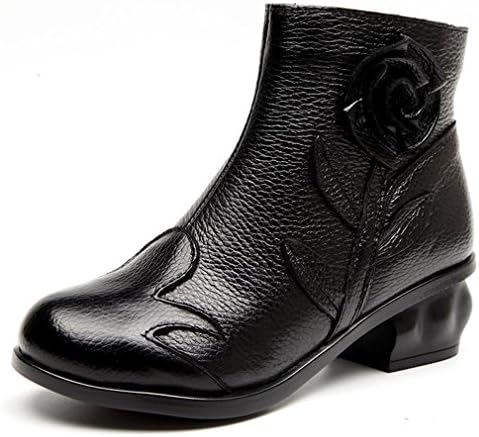 Slinny Women Leather Boots Handmade Vintage Flower Ankle Botines Shoes Botas Black 6
