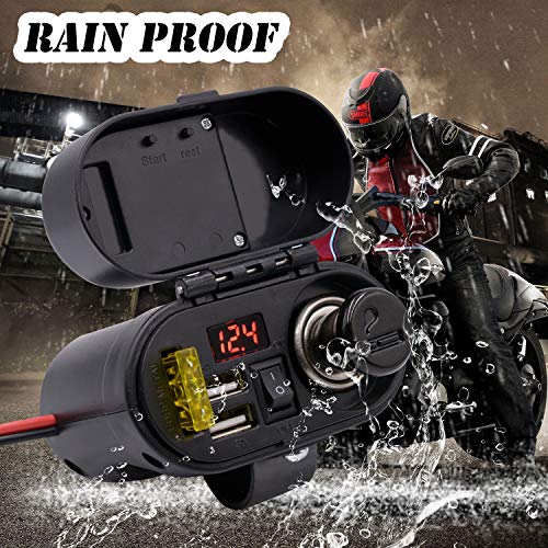 BlueFire 5V/3A Dual USB Charger Socket Waterproof Motorcycle Handlebar & Rear View Mirror Clamp Power Adapter Charger with Cigarette Lighter Socket, Clock and Voltmeter for Phones/Tablets/GPS