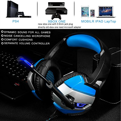 Gaming Headset - Onikuma K5 3.5mm Over-ear Stereo Gaming Headphones with Mic,Noise Reduction,Volume Control, Foldable Earphones for Xbox One/Switch/PS4/CF/Laptop/Smartphone (Black/Blue)