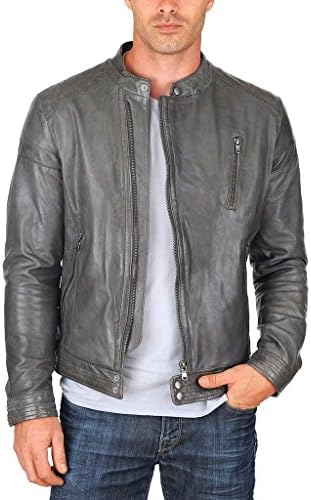 Leather Bomber Men's Rider Biker Slim Fit Casual Stylish Leather Jacket Medium Grey