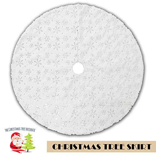 EDLDECCO 48 Inches Christmas Tree Skirt White Luxury Cozy Faux Fur Silver Snowflake Sequin Embroidered Double Layers Handicraft Xmas Decoration Holiday Ornaments