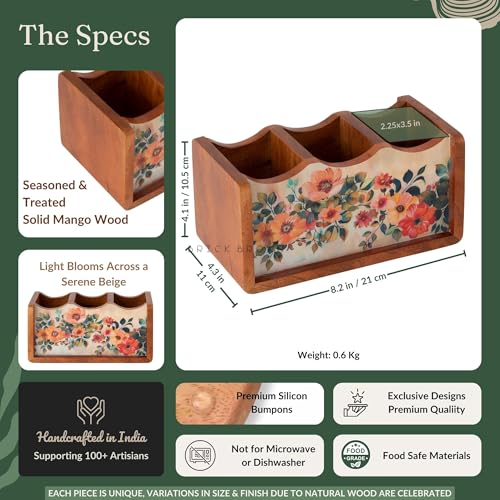 Brick Brown ® Premium Wooden Pastel Flora Cutlery Holder Spoon stand for kitchen | cutlery holder for dining table | wooden caddy storage organiser stand with 3 section Caddy holder (8.2x4.2x4 inch)