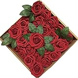 J-Rijzen Jing-Rise Artificial Flowers 50pcs Real Looking Dark Red Fake Roses for Wedding Flowers Centerpieces Bridal Bouquet Wedding Cake Home Decorations (Dark Red)