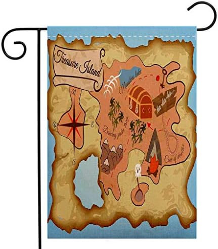 BEIVIVI Creative Home Garden Flag Island Map Ancient Treasure Map of Tropical Beach with Chest Key Mystical World Theme Cream Pink Blue Welcome House Flag for Patio Lawn Outdoor Home Decor