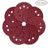 5-Inch 8-Hole Hook and Loop Sanding Discs, 120/240/320/600/800 Assorted Grits Sandpaper - Pack of 100