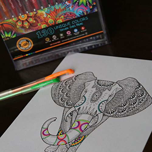 OfficeThink 130 Unique Gel Pens Set - Ergonomic Grips - Color Codes and Chart - Zero Duplicates - 60% More Ink - Non Toxic - Acid Free - BONUS 12 Adult Coloring Pages, Sketching, Crafts, and More!