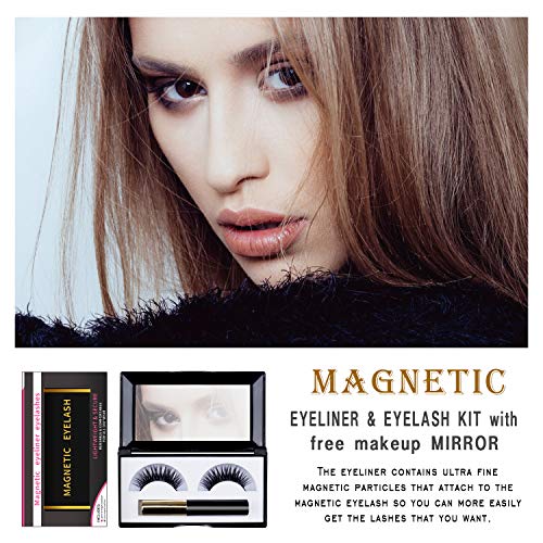 Magnetic Lashes and Eyeliner, Natural False Silk False Eyelashes with Mirror, No Glue Reusable Lashes, Waterproof Eye Liner, Magnetic Eyelashes & Magnetic Eyeliner with Tweezers Set