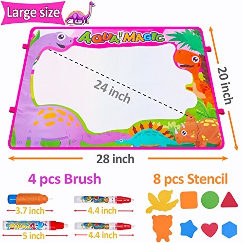 Water Drawing Mat Kids Toddler Art Toys,Large Aqua Magic Doodle Mats Dinosaur Painting Pad 6 Colors with 4 Pens 8 Molds,Drawing Board Tablet for Girls Boys Early Learner School Travel Birthday Gift