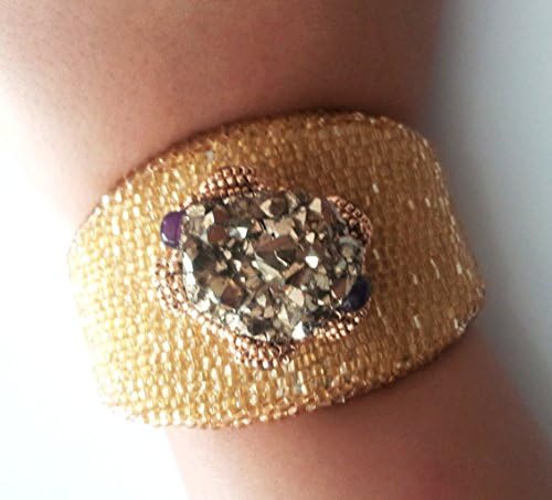 Beadwoven Druzy golden OOAK Amethyst cuff Crystal Embroidered Bracelet