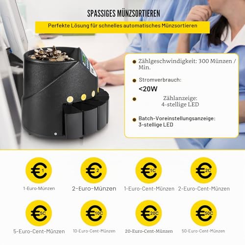 Euro Münzzähler Sortierer 500-1000 Münzen Elektronische Automatik EUR Münzzählmaschine 300 Münzen pro Minute mit 8 Münzschubladen für Schulladenbank, schwarz