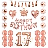 BALONA 40inch Rose Gold 17th Number Balloon 12inch Rose Gold Confetti Balloon with Happy Birthday Banner Star Balloon Heart Balloon Foil Rose Gold Tassel Garland for Birthday Party Decoration (Rose17)